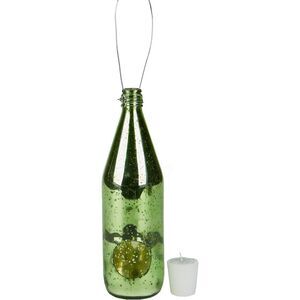 Hanging Tea Light Bottle LED Candle Holder, Green Set of 2